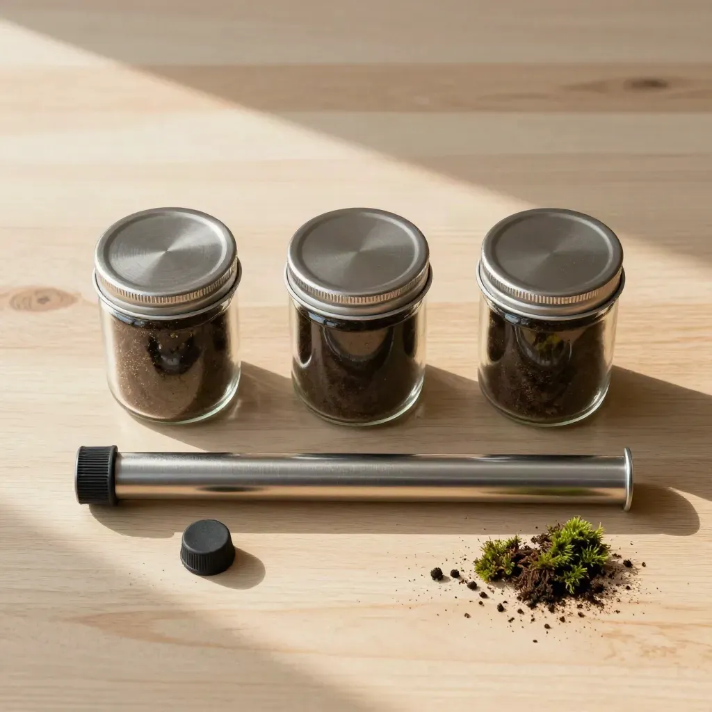 Top-down soil sample jars, stoppers and a steel core tube on pale wood with moss.