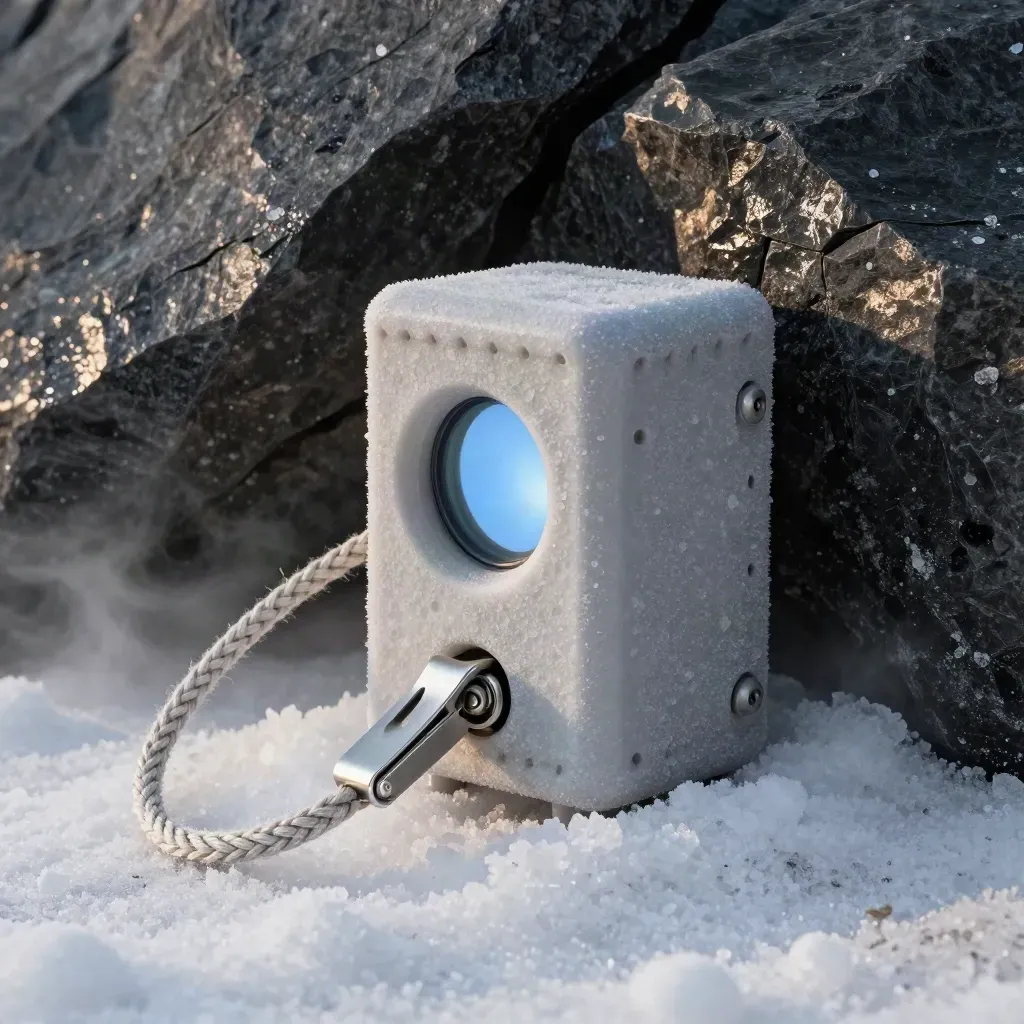 Salt-weathered sensor cradle with braided tether and anodised clip on dark stone.