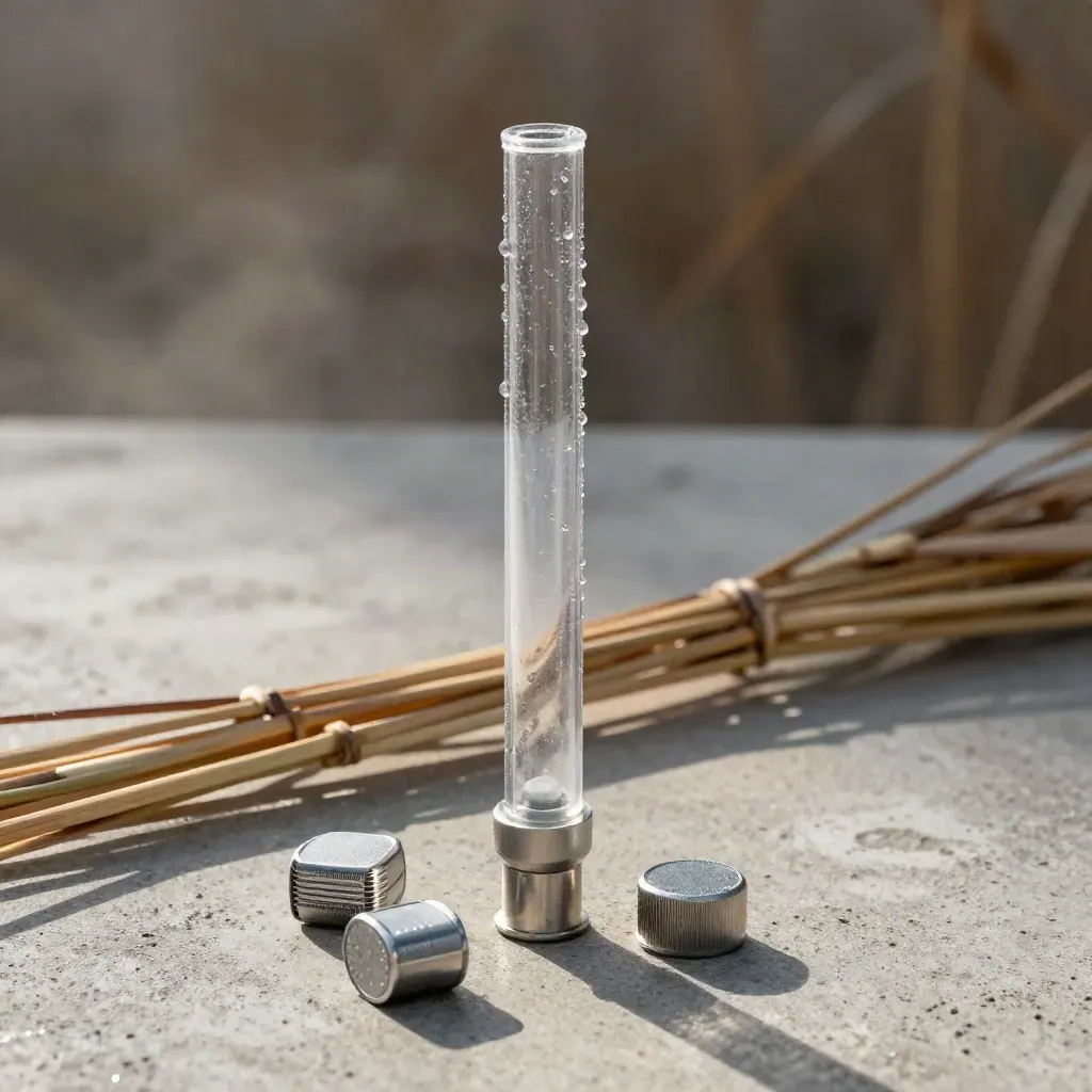 Wetland sampler tube with reed stems and aluminium caps on pale concrete in dramatic studio light.