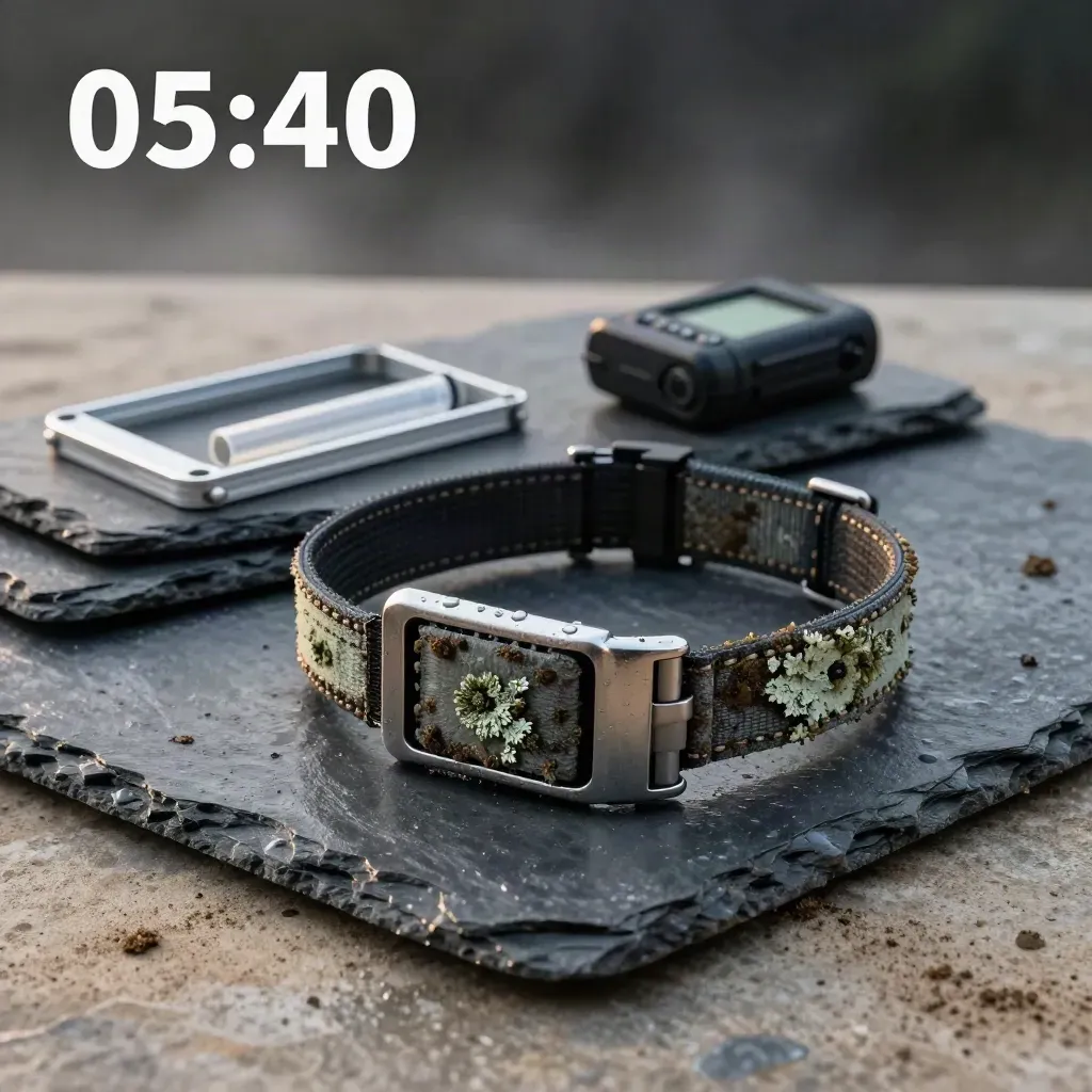 Mud-splashed GPS collar, quadrat frame, battery pack and tubes on stacked slate in moody dawn light