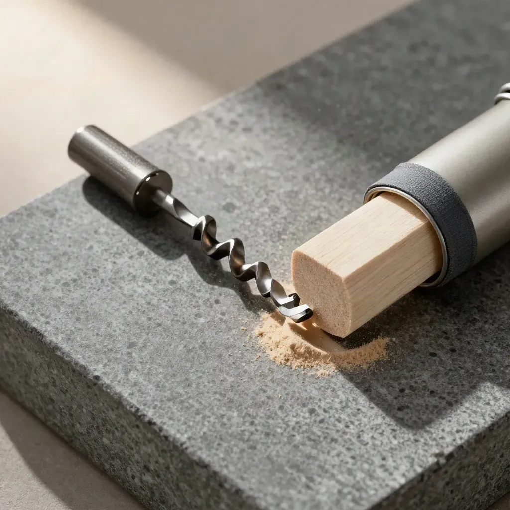 Macro still life of a forester’s increment borer, wood core, and sample tin on stone