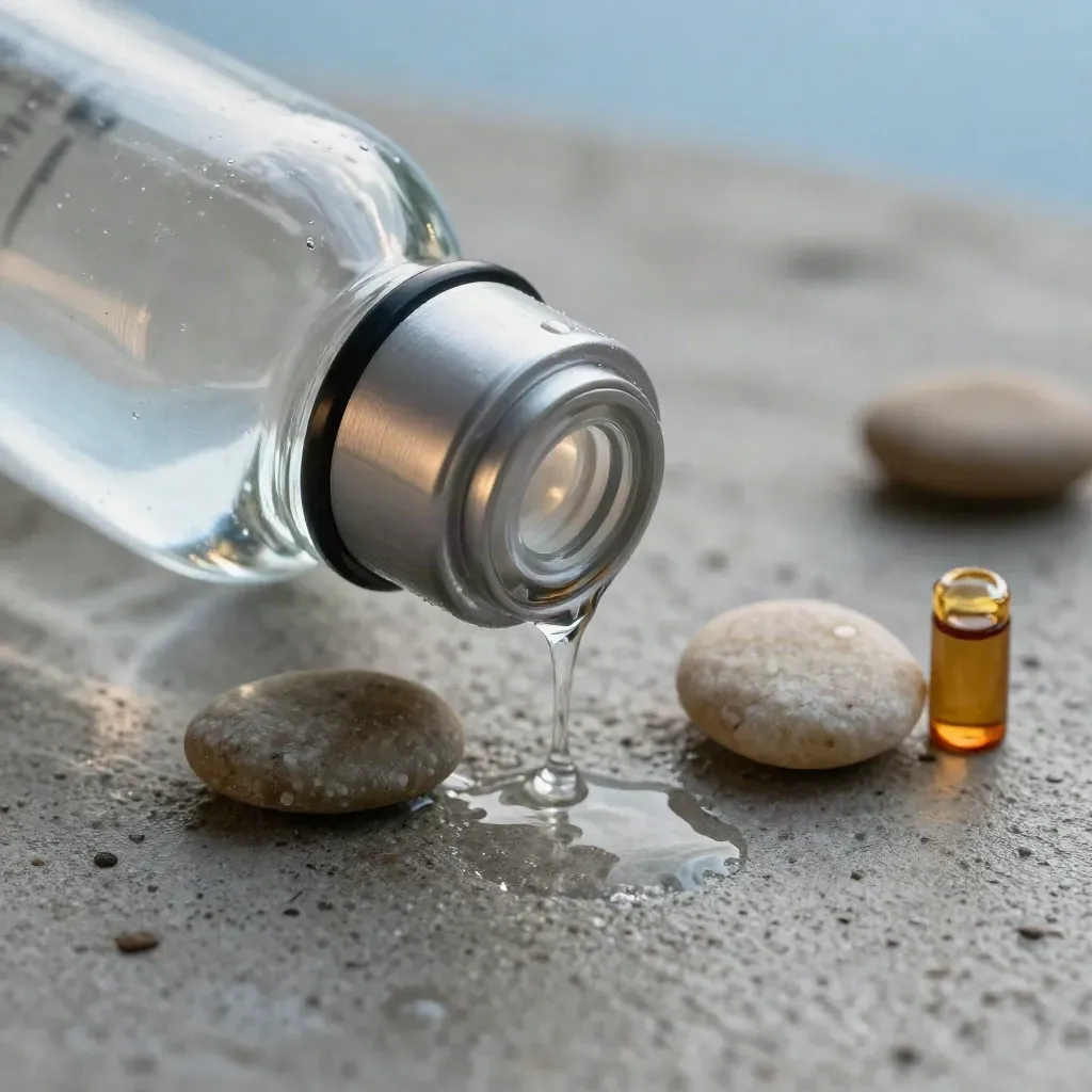 Macro water-quality sampler bottle with water bead, pebbles and amber vial on damp concrete