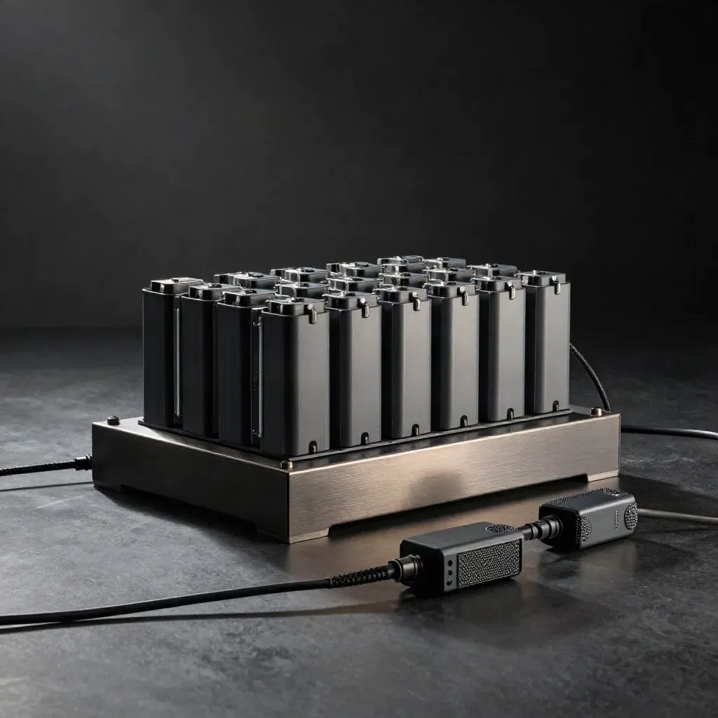 Battery dock, stacked packs and compact radios on brushed metal in dramatic studio light.