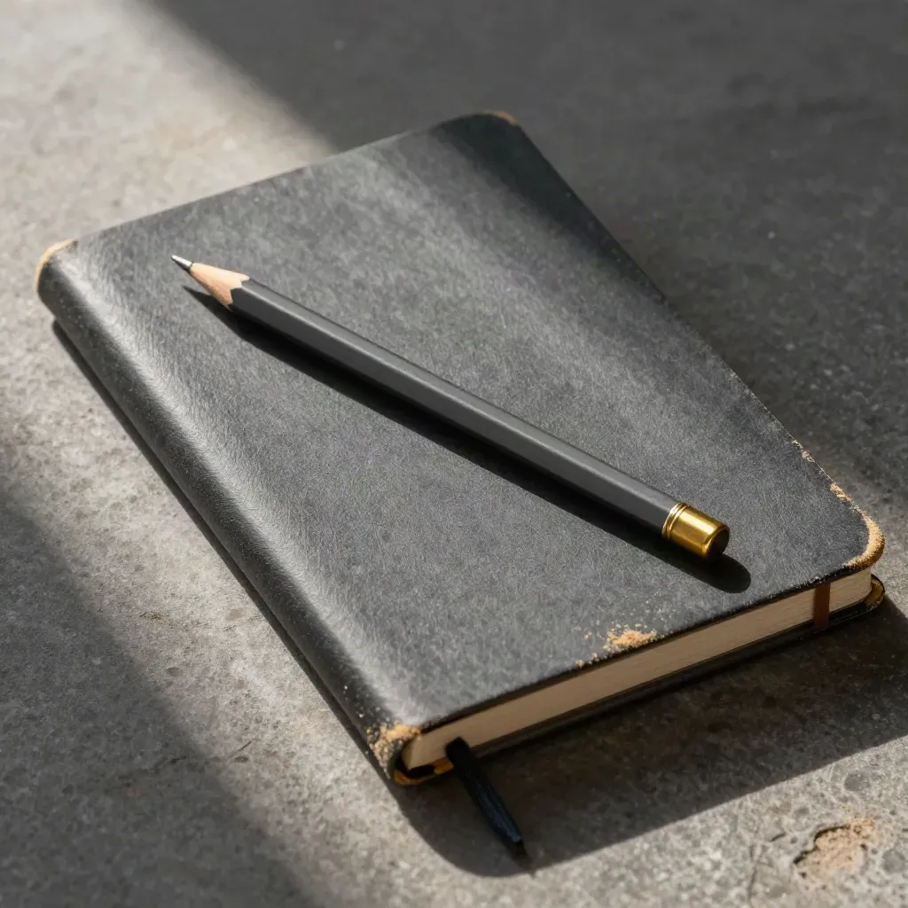 Closed field notebook with pencil and brass clip on stone, lit from upper left
