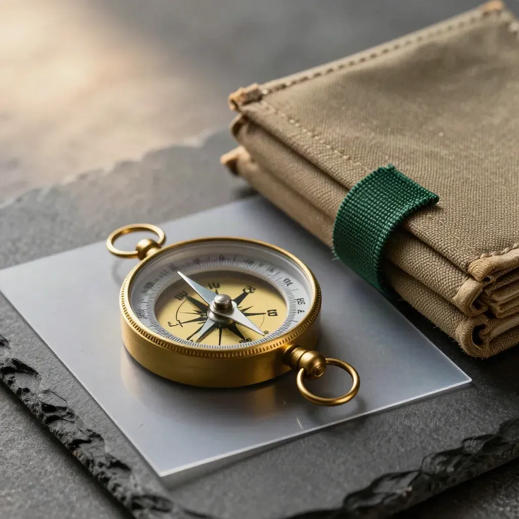 Brass compass, contour overlay sheet, and folded map case on slate in extreme macro.