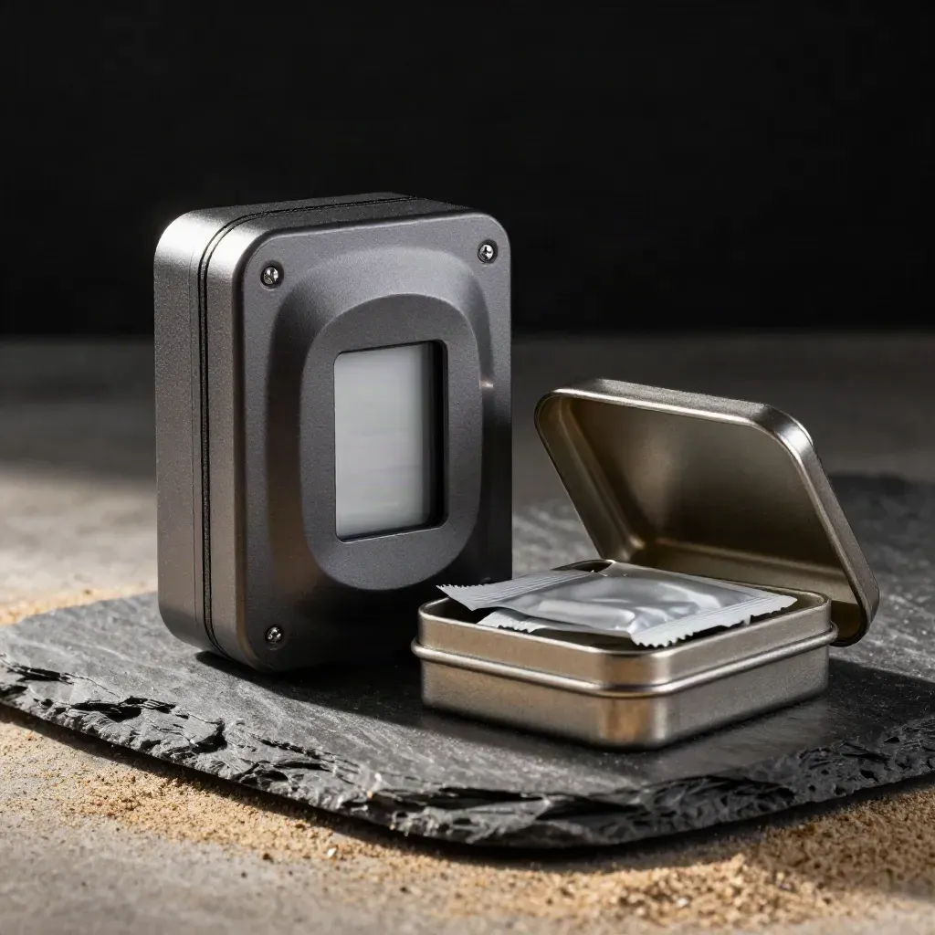 Open trail sensor housing beside a card tin and silica packs on slate.