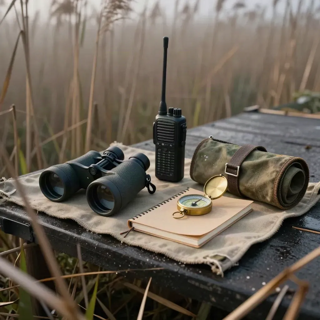 Field binoculars, VHF radio, compass and notebook on damp canvas behind blurred reed stems