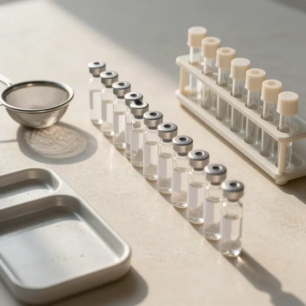 Sample vials, specimen trays, sieve and vial rack on a pale stone surface.
