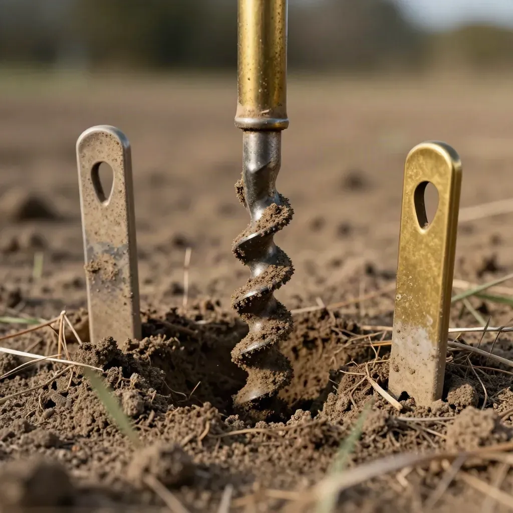 Macro of a soil auger core, habitat marker stakes and a brass boundary pin in sandy earth.