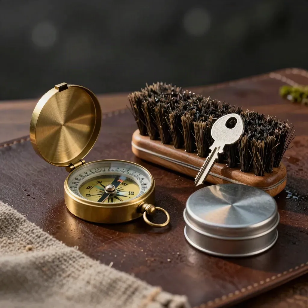 Field compass, wet boot brush and sample tin on walnut leather under dramatic studio light.