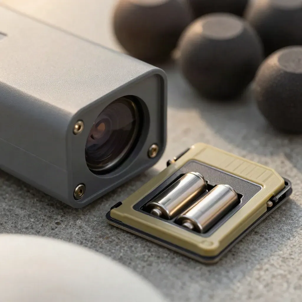 Macro still life of an IR sensor module casing, battery cells, and a foam-lined memory-card case.