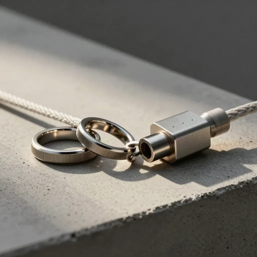 Brushed-metal rings, cable loop and connector block on matte concrete, low dramatic still life.