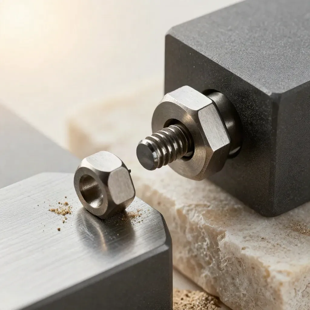 Machined graphite blocks and a keyed pin joining on brushed metal with a sand accent