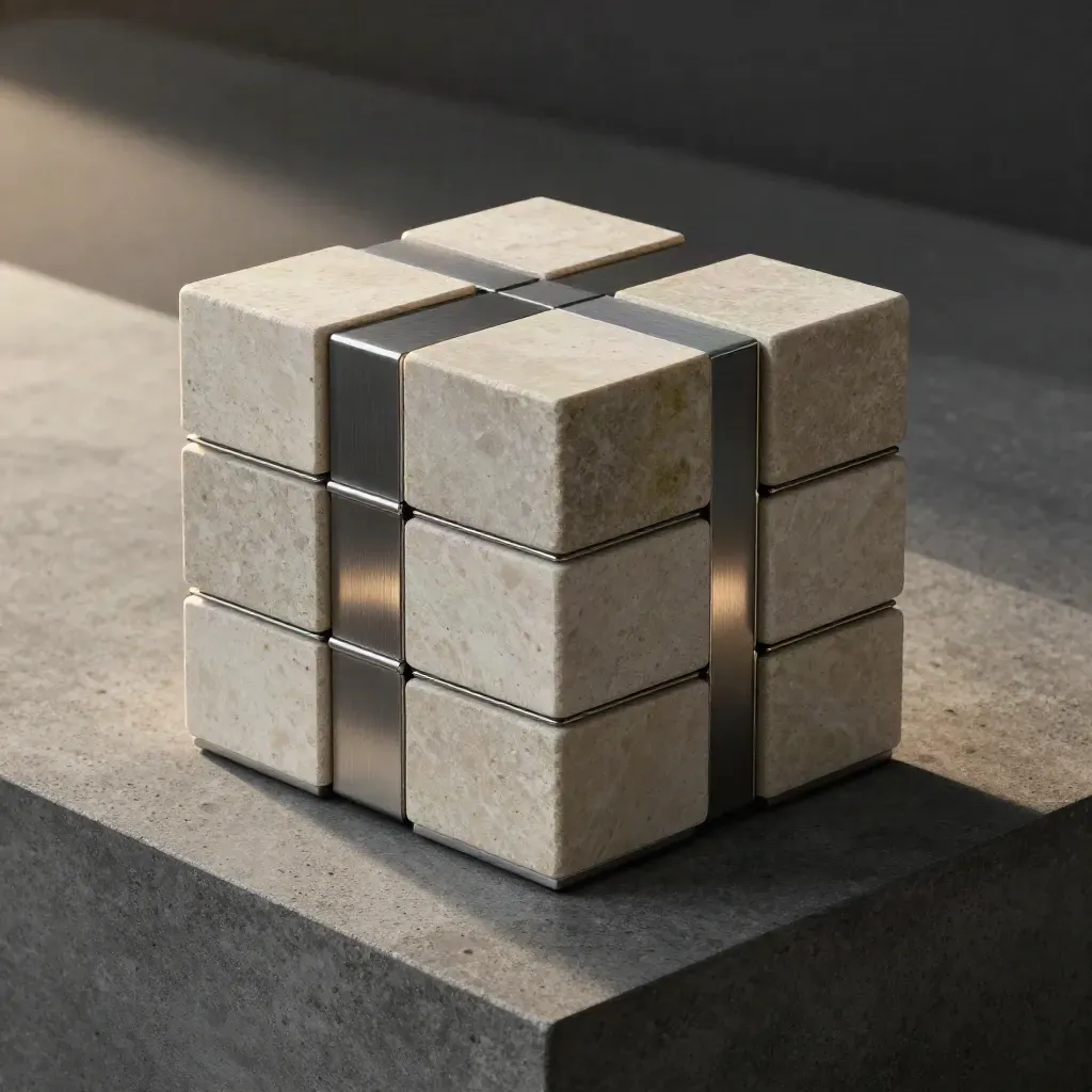 Top-down close-up of graphite cubes, stone tile and aluminium spacer on concrete.
