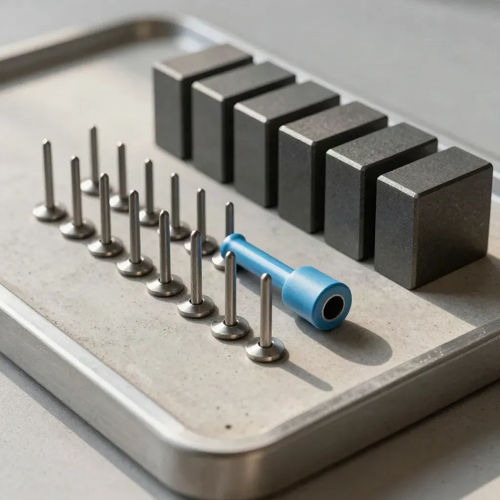 Top-down graphite hardware still life with clips, pins, and modular blocks on concrete.