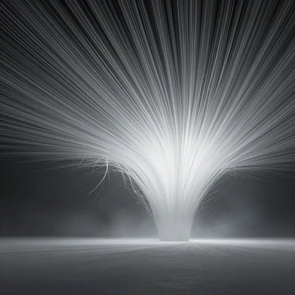 Silver filaments converge into a white bloom in dark haze, with drifting motes.